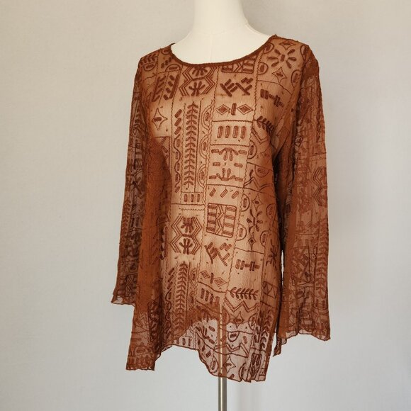 Chico's Silk Embroidered Beaded Blouse Long Sleeve Sheer Chiffon Brown - Picture 2 of 11